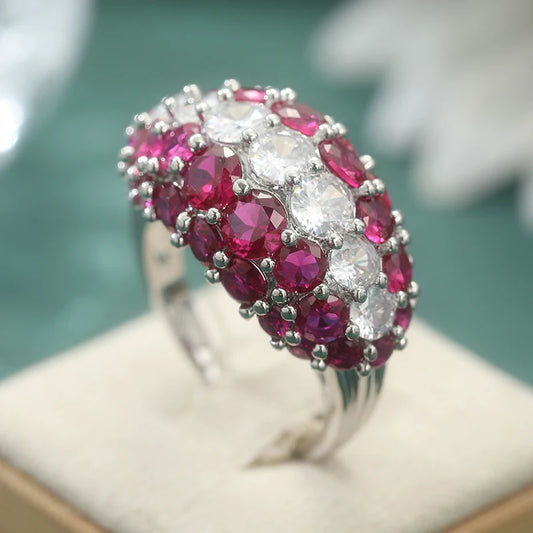 Luxury Inlaid White Red CZ Sparkling Silver Geometry Rings