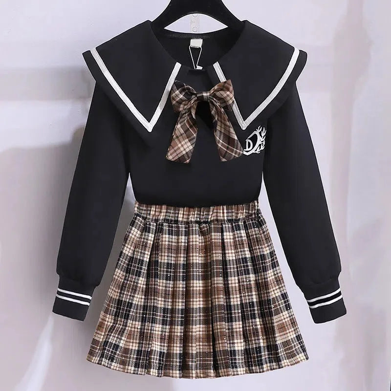 Bow Long Sleeve Top & Plaid Pleated Skirt Set