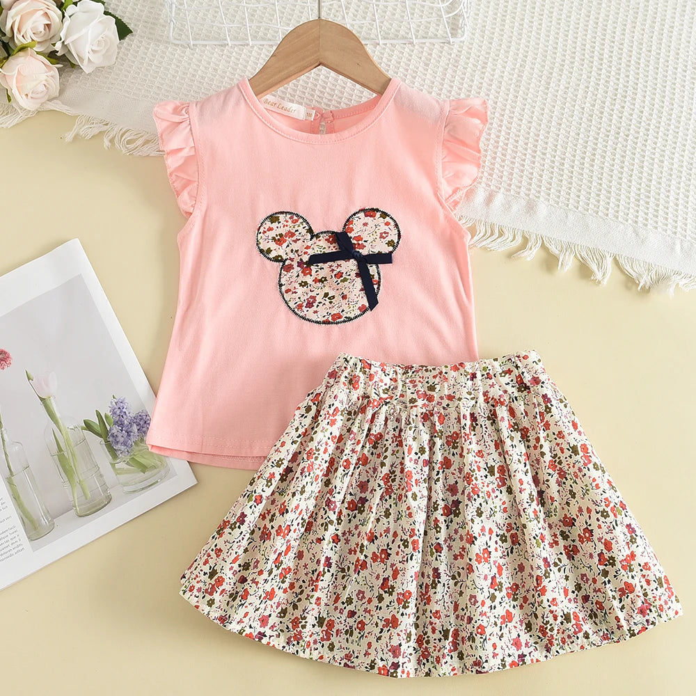 Bear Leader Floral Cartoon Ruffle Sleeve Casual Outfits Set