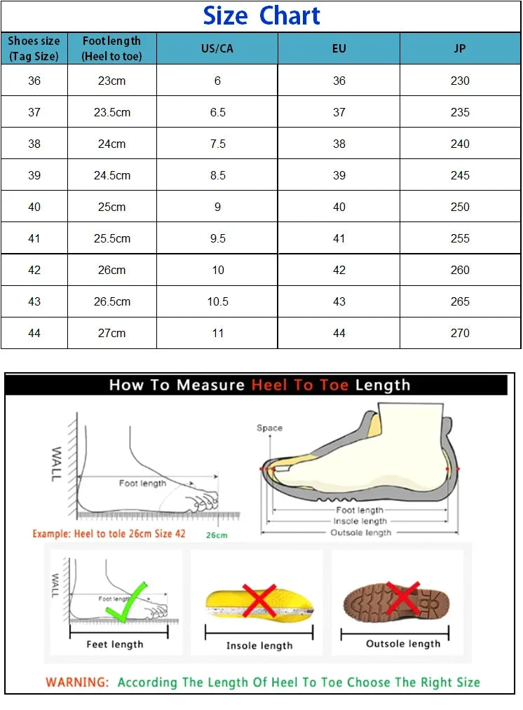 Shoe size chart with US, EU, JP sizes and foot length, guide for measuring heel to toe.
