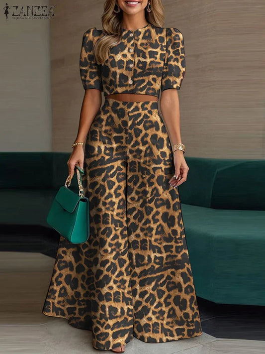 Conjunto de pantalón y pantalón de pierna ancha con manga corta abullonada