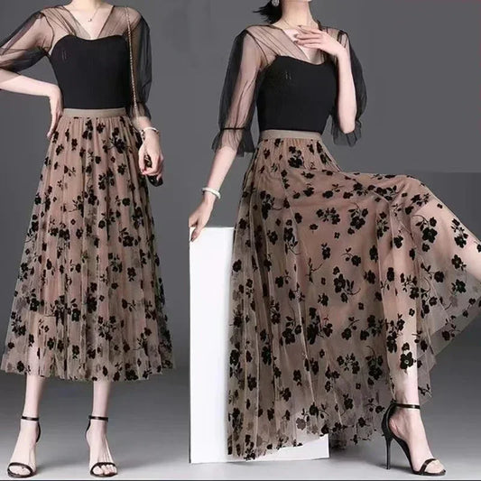 Korean Tulle Floral Loose Midi Skirt