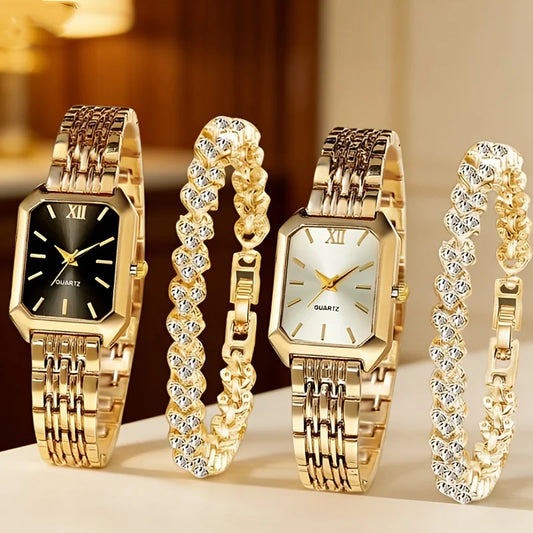 4PCS/Set Elegant Rectangle Quartz Wristwatch Heart Bracelets Set