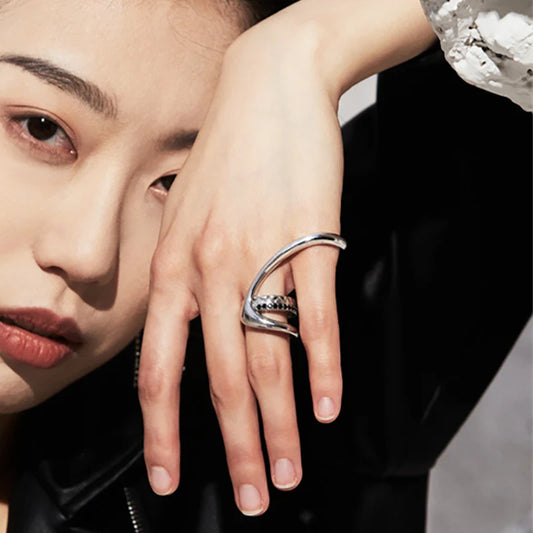 Silver Two-finger Hollow Geometric Couples Vintage Hip Hop Rings