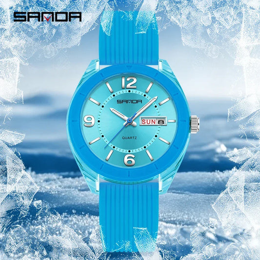 Blue quartz analog wristwatch with day and date display, icy background, sporty design
