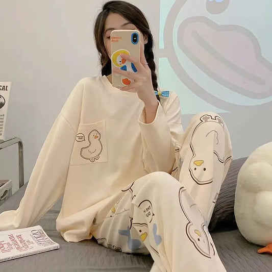 Thin Long-Sleeved Big Yards Cartoon Loose Pajamas Set