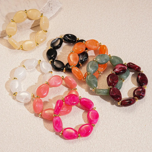 Colorful Marbled Irregular Oval Bead Elastic Bracelets