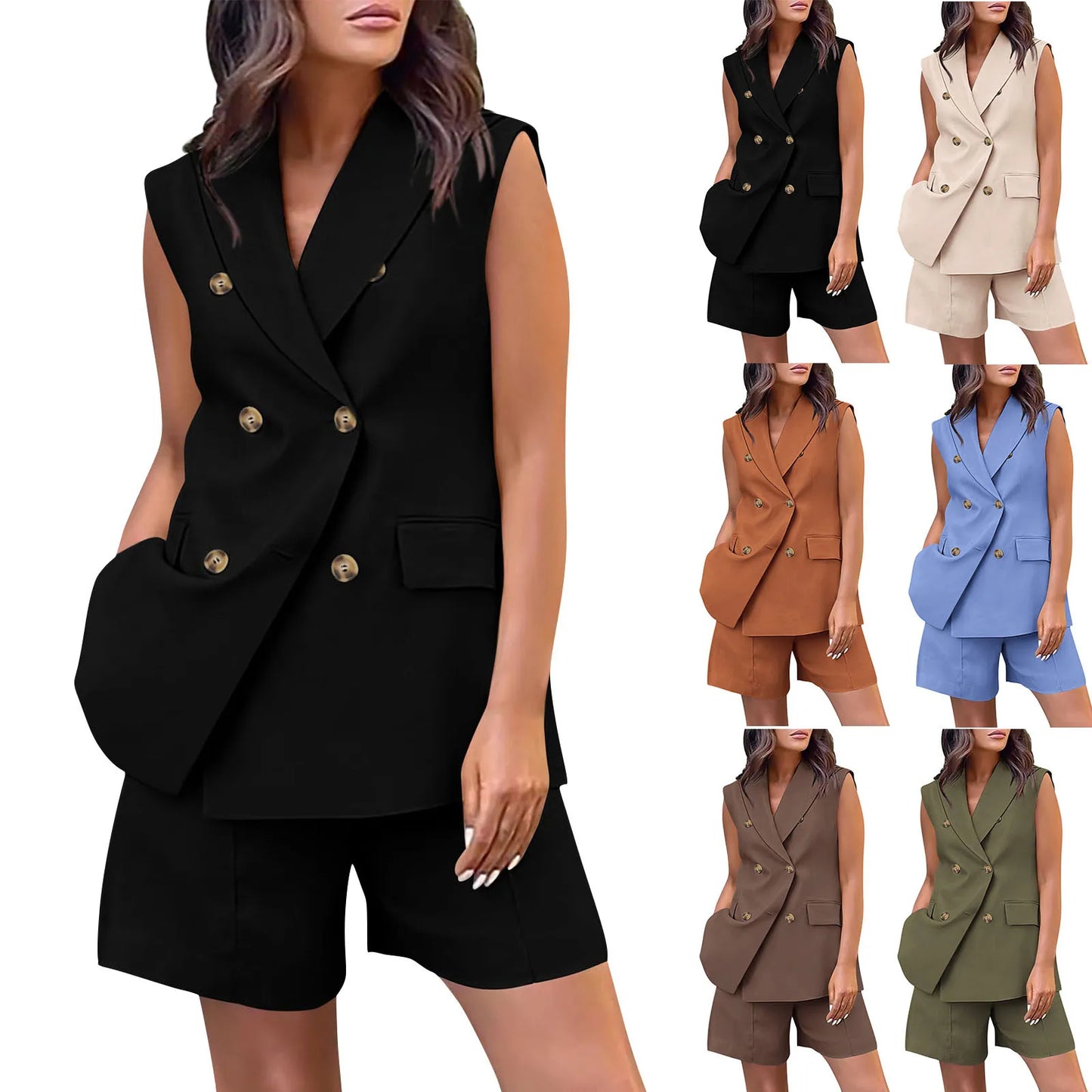 Office Shorts Suit Solid Khaki Sleeveless Halter Outfit Sets