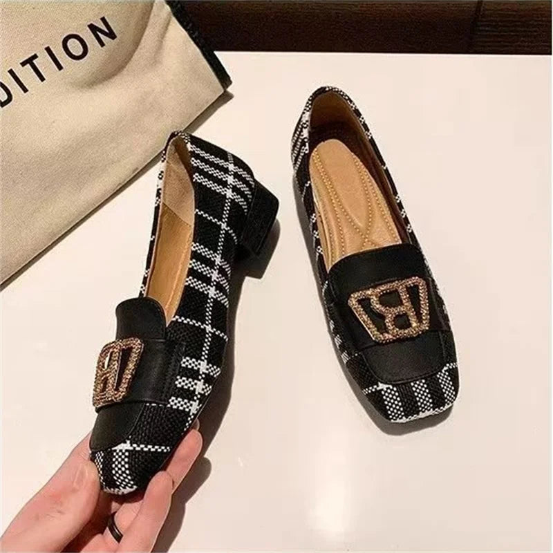 Square Toe Low Heel Hong Kong Style Metal Rhinestone Buckle Flats