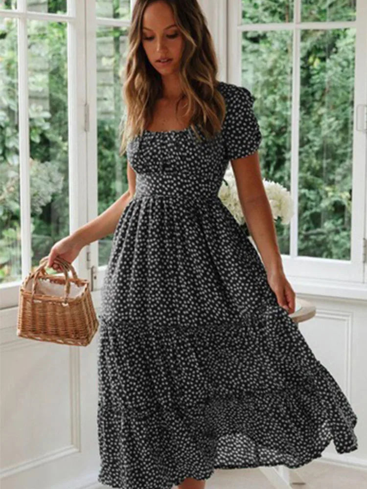 Puff Sleeve Casual floral maxi long dress