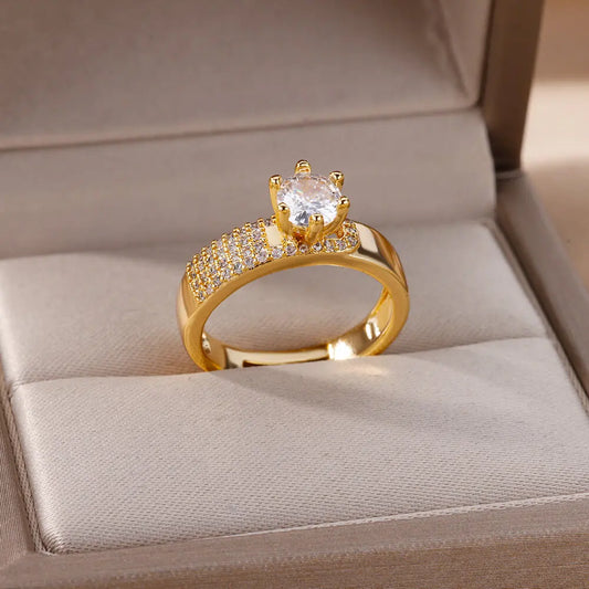 Stainless Steel Round Zircon Geometric Gold Crystal Ring
