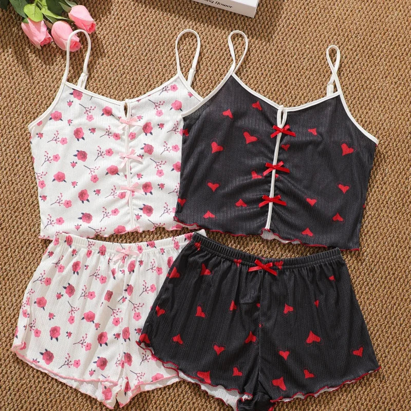 Short Tank Ventilate Soft Casual Love Printing Pajamas Set