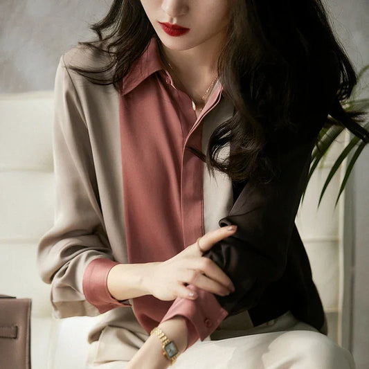 Satin Button Blouse Long Sleeve Polo Collar Shirt