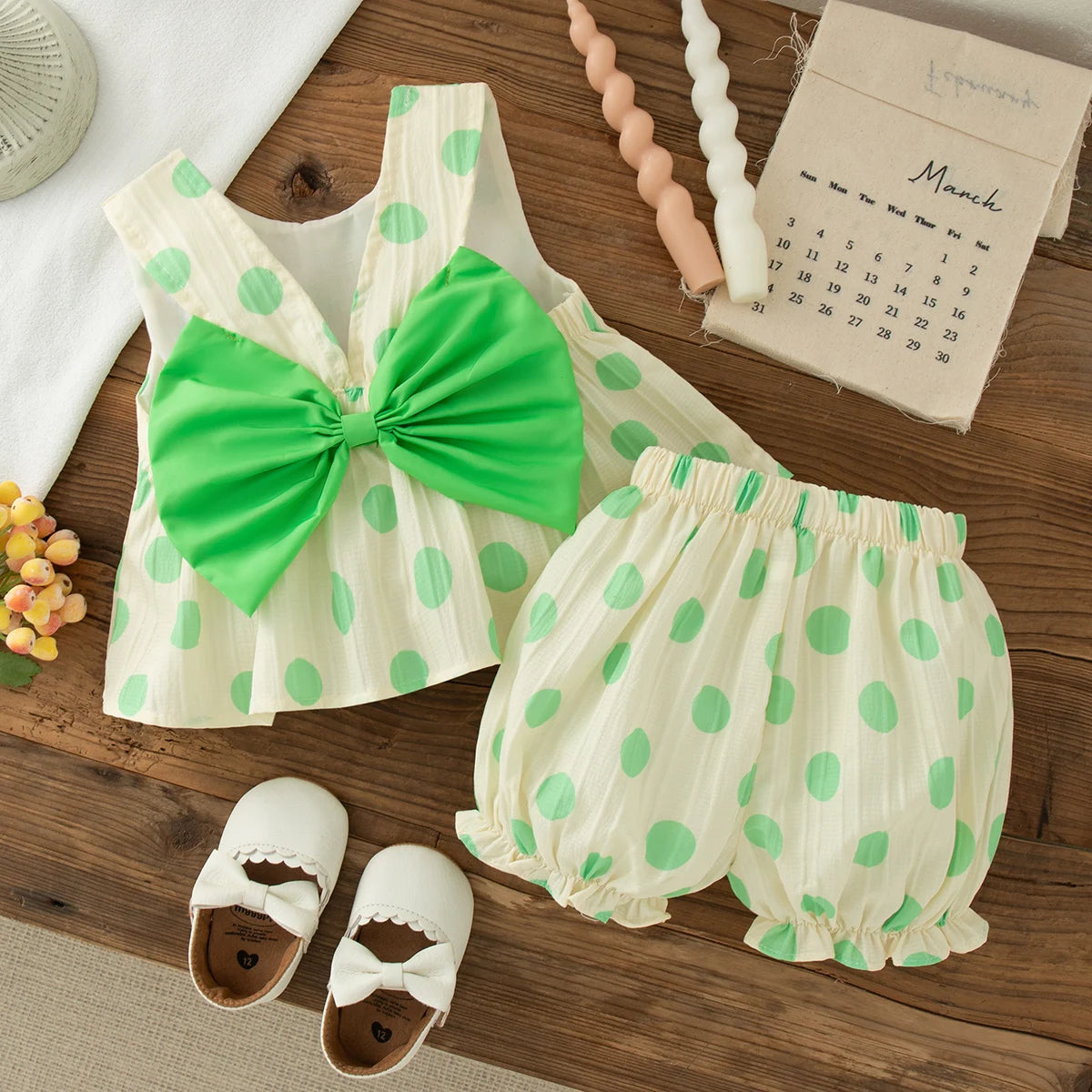 Toddler Girls Korean Style Polka Dot Bow Sleeveless Dress Set