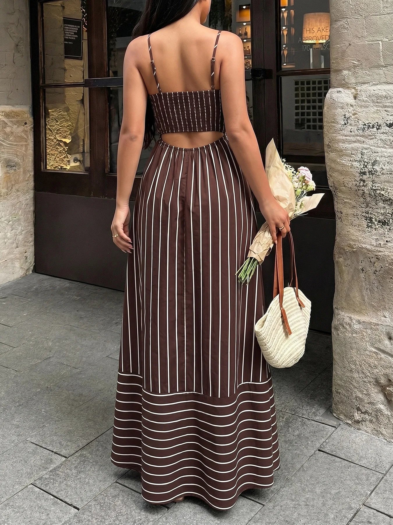 Striped Backless Loose Beach Causal Slip Strapless Long Dress