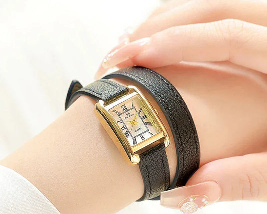 Reloj cuadrado vintage de cuero oro rosa