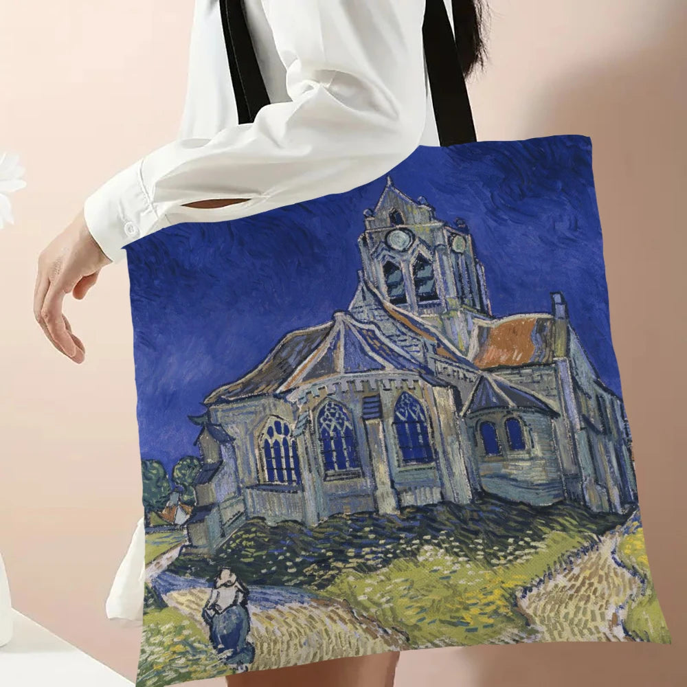 Linen Oil Painting Starry Night Flower Handbag