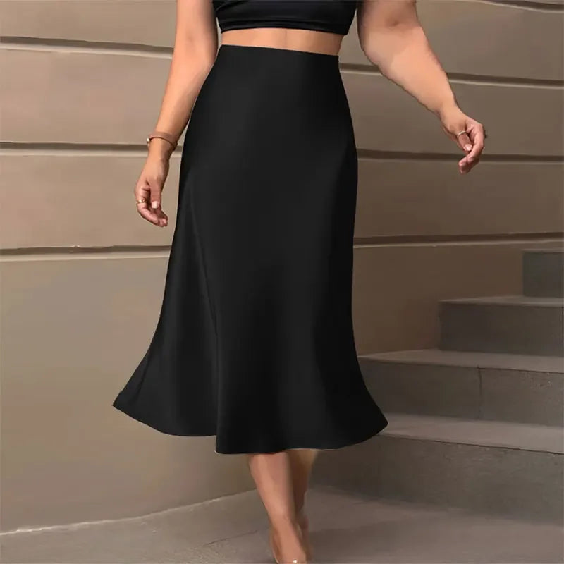 Satin Office High Waist A-line Silk skirt
