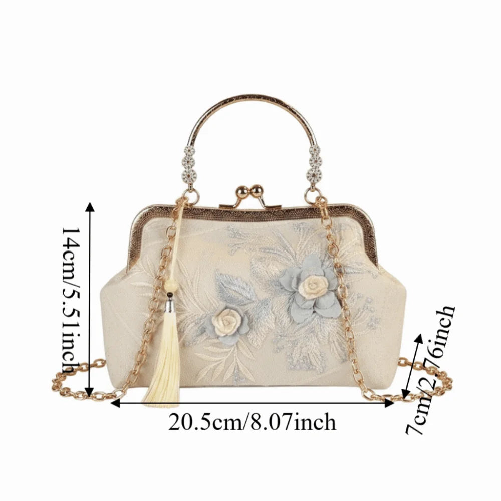 Vintage Kiss Lock Handbag Chinese Style Floral Lace Tassel Small Square Bag