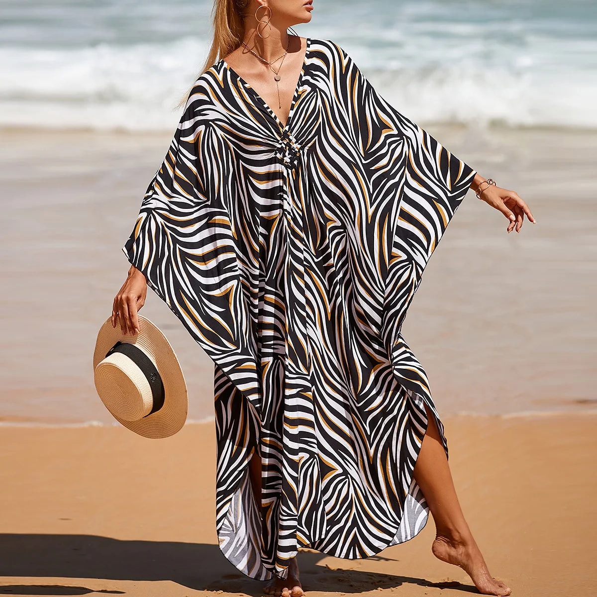 Plus Size Animal Print V-Neck Batwing Kaftan Beach Dress