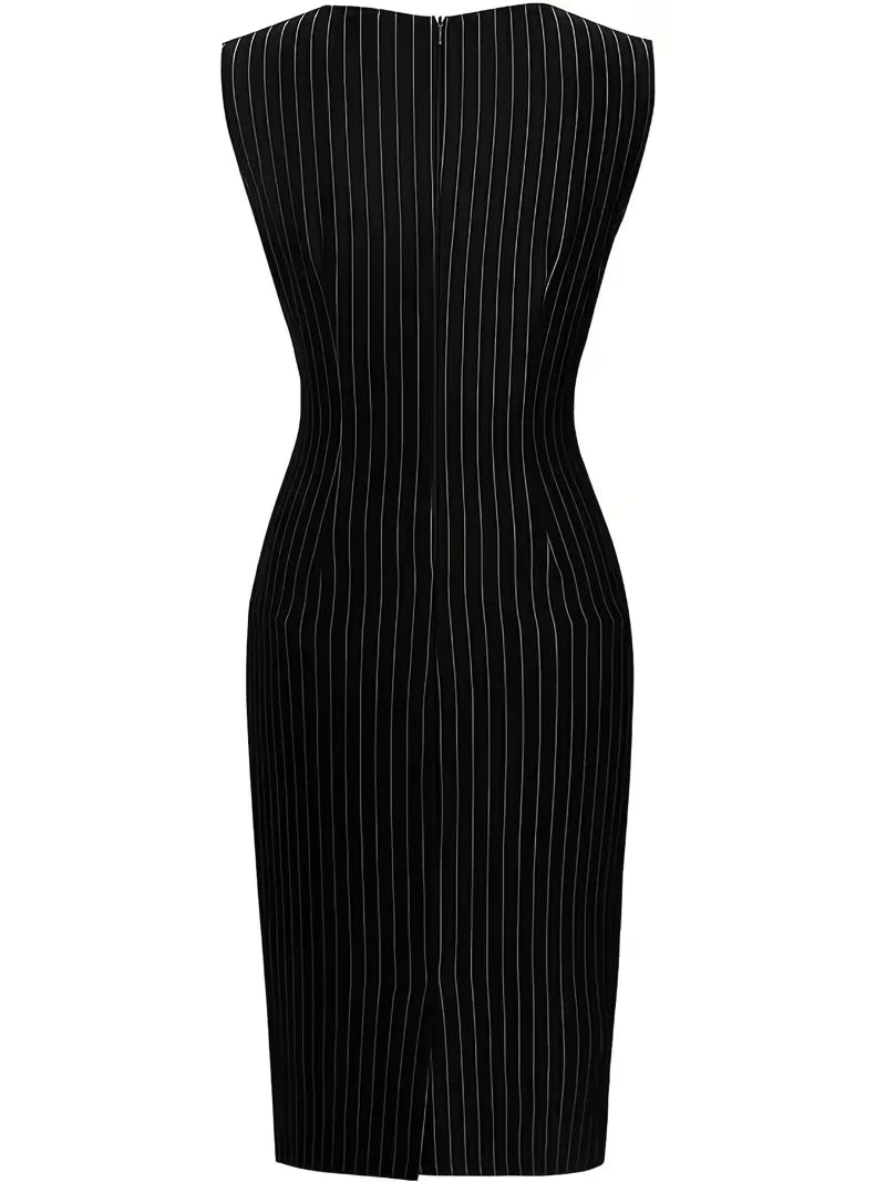 Elegant Black Striped Sleeveless Round Neck Waist Tie Bodycon Formal Dress