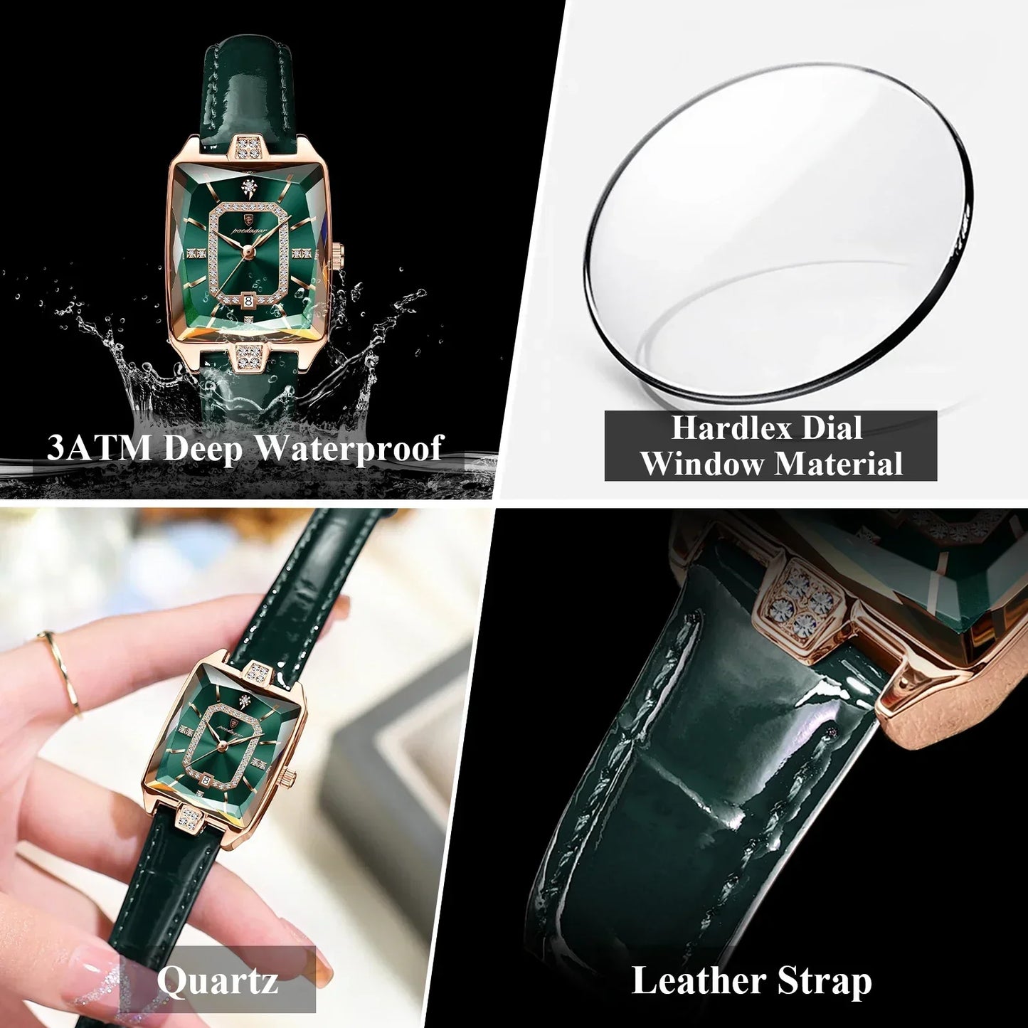 Green rectangle women’s quartz watch with leather strap, hardlex glass, and waterproof design