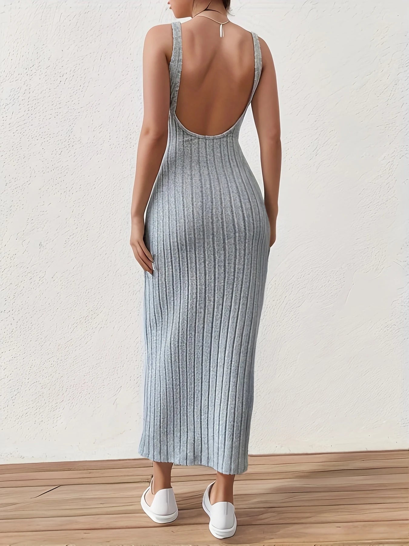 Solid Backless Tank sexy backless mid-length sleeveless dress