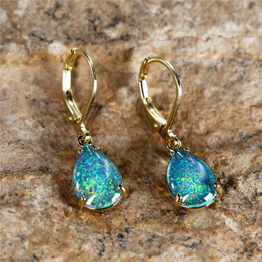 White Fire Opal Stone Classic Gold Color Water Drop Earrings