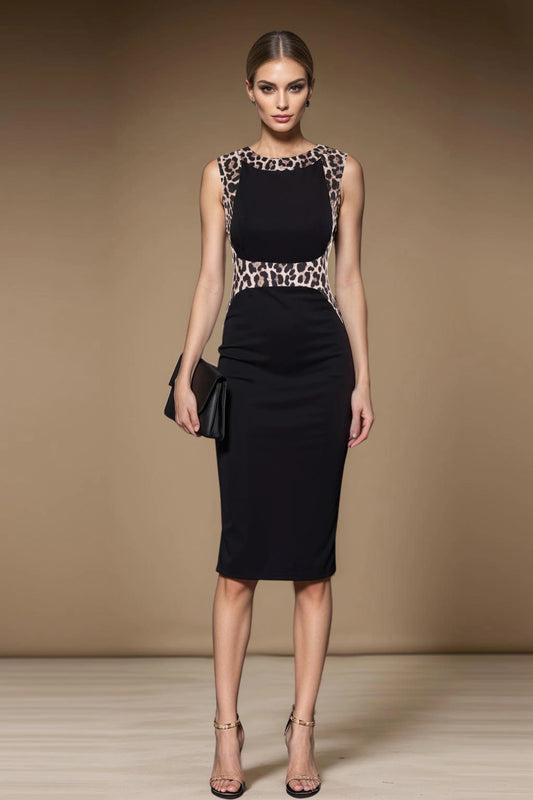 Leopard Patchwork Crew Neck Sleeveless Cocktail Casual Pencil Bodycon Sheath Dress