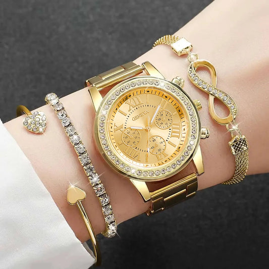 4PCS/Set Rhinestone Luxury Steel Band Quartz Bracelets Watches Set