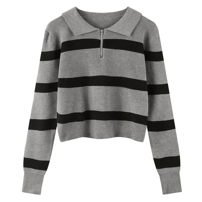 Loose Polo Neck Striped Korean Style Sweater