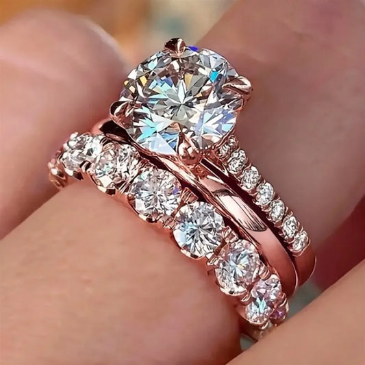 3Pcs Shiny Round Zirconia Ring Set