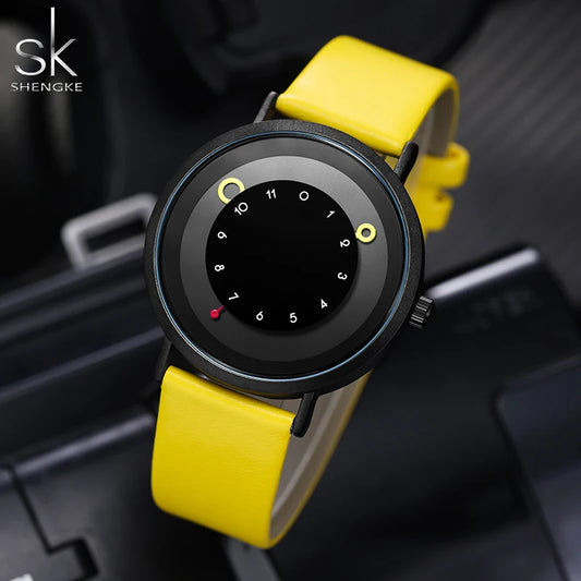 Shengke Creative Yellow Leather Band Wristwatches