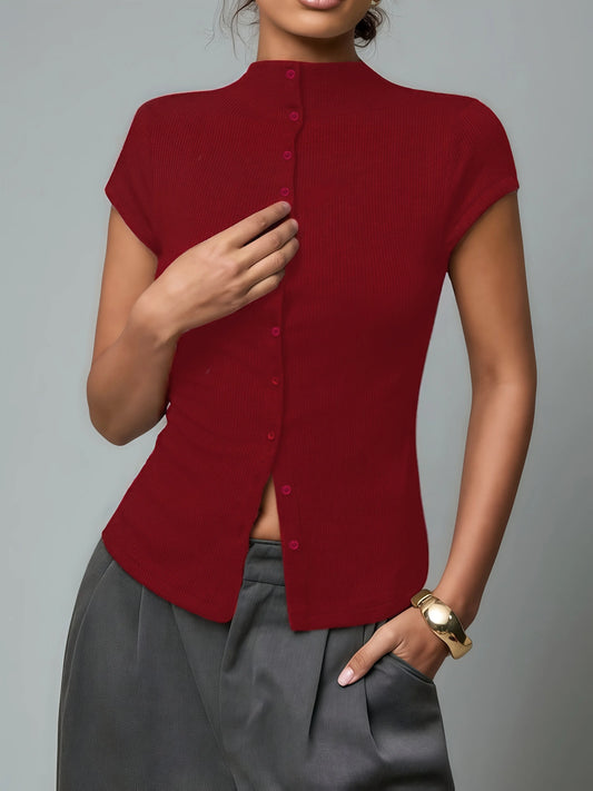 Knitted Turtleneck Top Slim Four-Season Short-Sleeved Cardigan