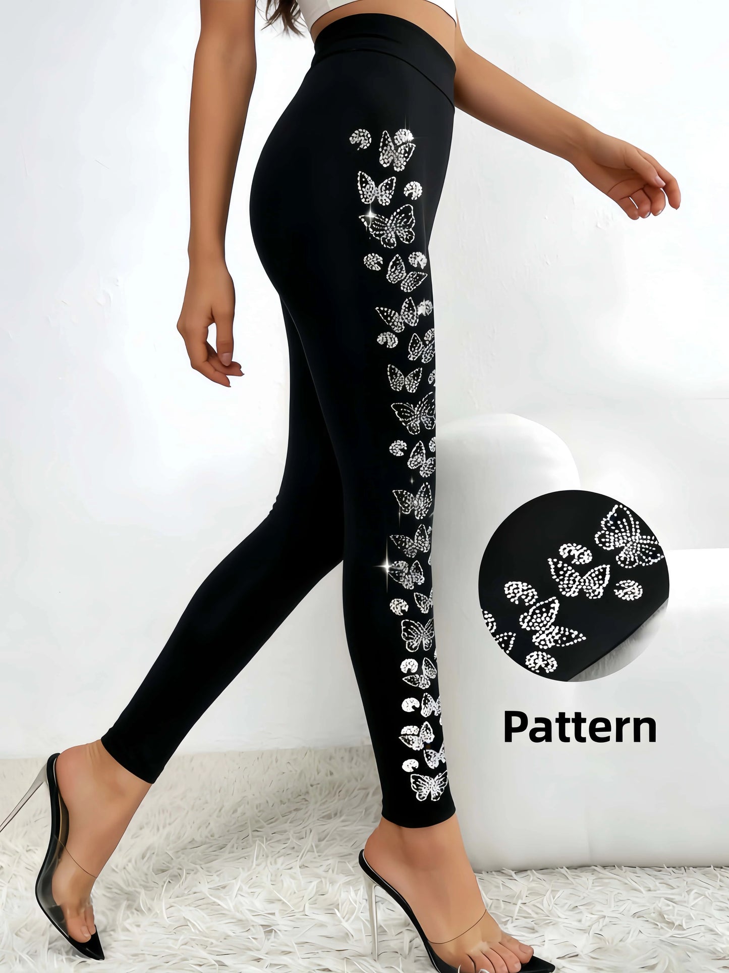 Butterfly Side Design High Waist Sparkling Rhinestone Leggings