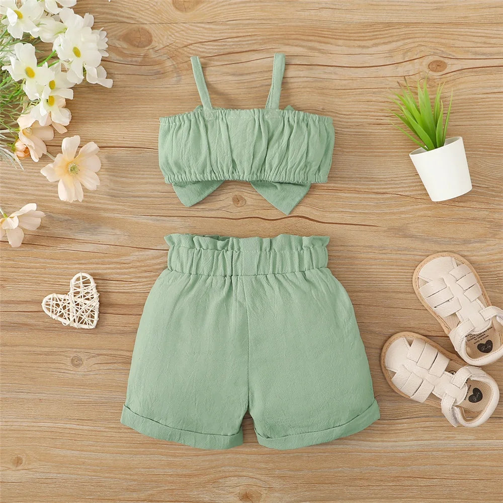 Infant Big Bow Sleeveless Suspender Top+Shorts Toddler 3-24 Months Set