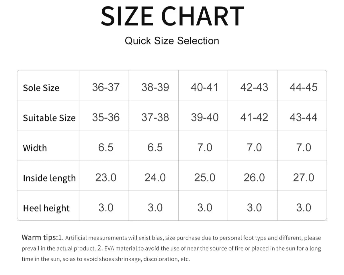 danastors shoe size chart with sole size, suitable size, width, inside length, and heel height.