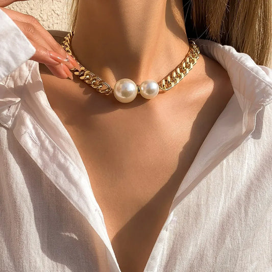 Punk Cuban Chains Imitation-Pearl Pendant Necklace