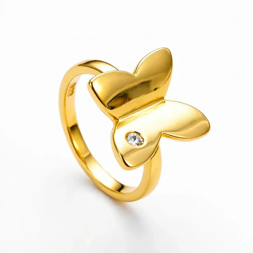 925 Sterling Silver 18K Gold Plated Glossy Butterfly Zircon Ring