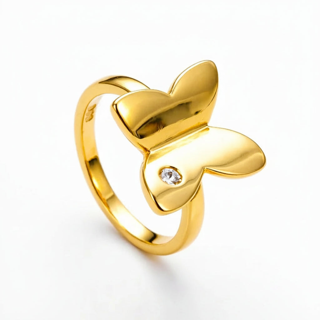 925 Sterling Silver 18K Gold Plated Glossy Butterfly Zircon Ring