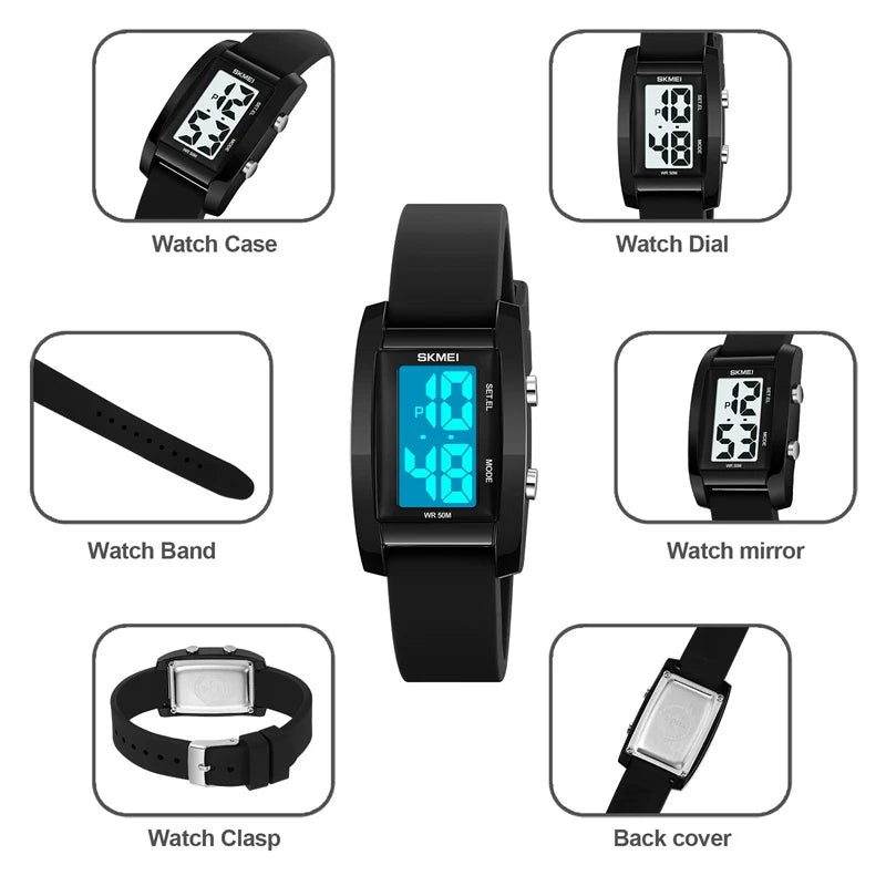 Digital with Date Week Display Silicone Strap LED Light Waterproof Wristwatch