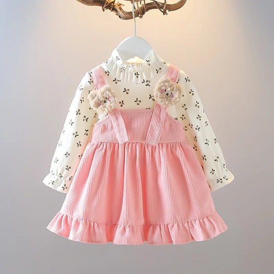 Kid Girl Long Sleeve Floral Lovely Bear Corduroy Strap Style Dress