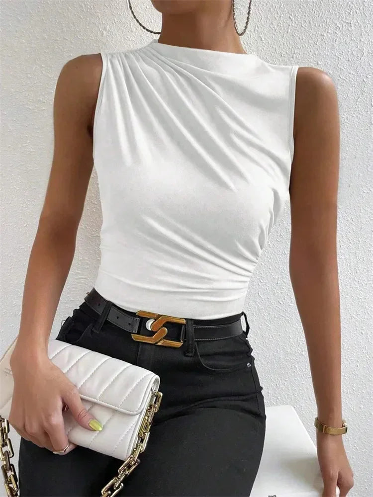 Casual Mock Neck Ruched Tank Top Sleeveless Shirt