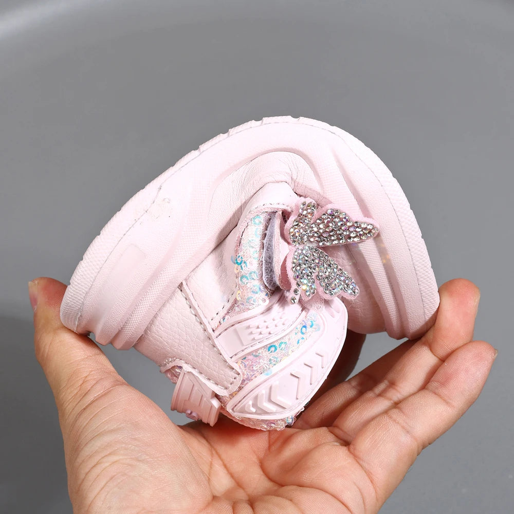 Autumn Children Leather Toddler Kids Sport Bling Cute Butterfly Sneakers