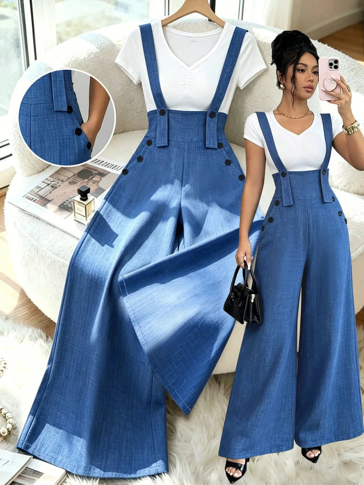 Casual Elegant Button Detail Wide Leg Pants Overalls
