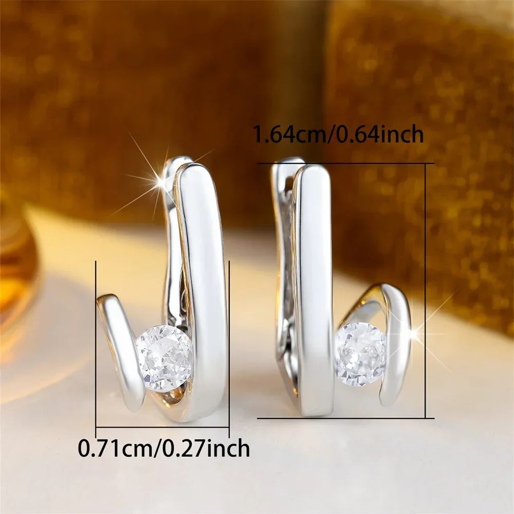 White Zircon Round Stone Geometric Hoop Earrings