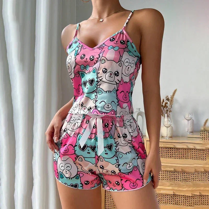 Heart Print Satin Sexy Pyjamas Set