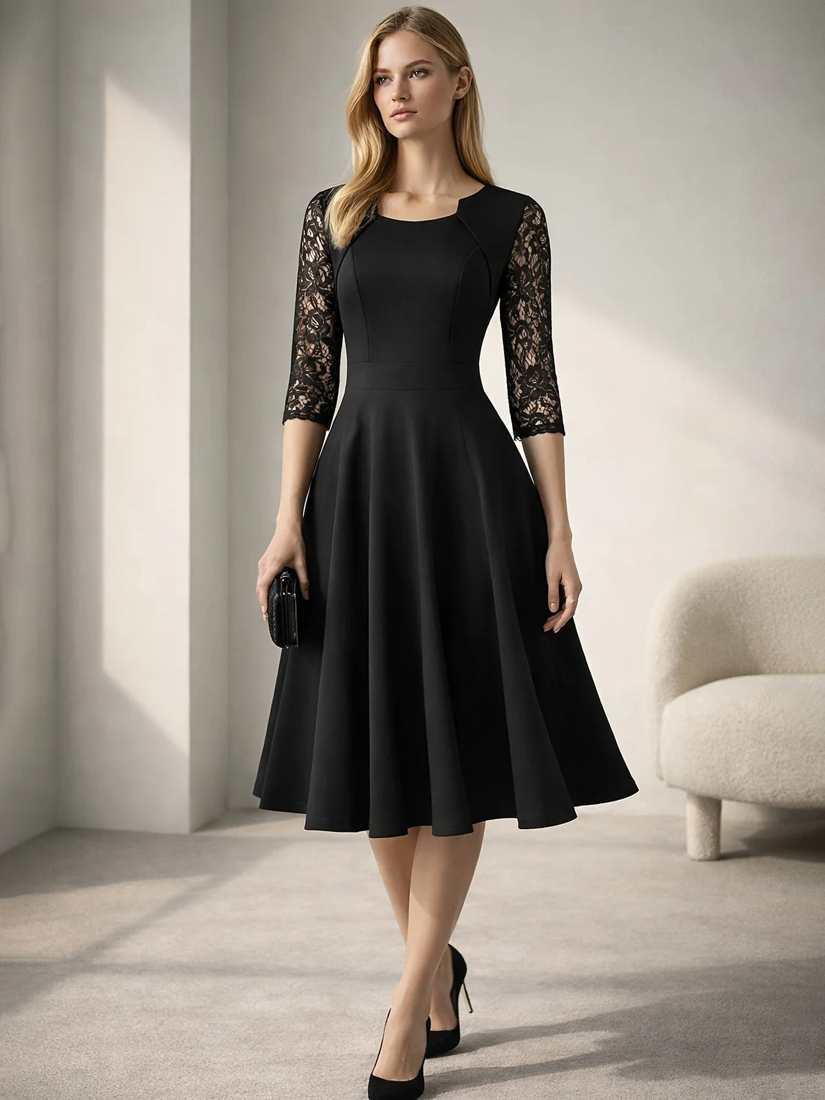 Vintage Floral Lace Square Neck High Waist Medium Sleeve Slim Flared Dress