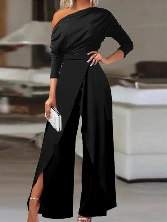 Elegant Loose Ruched Cold Shoulder Wide Leg Jumpsuit