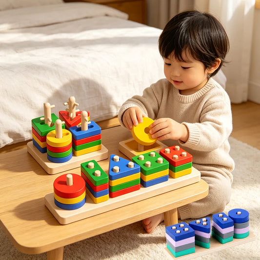 Montessori Toys Wooden Block Puzzle Geometric Shape Color Sorter Block Toddler Toys